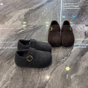 超软显脚小丑萌平底乐福鞋 洋气毛呢内增高加绒勃肯鞋 女2025冬新款