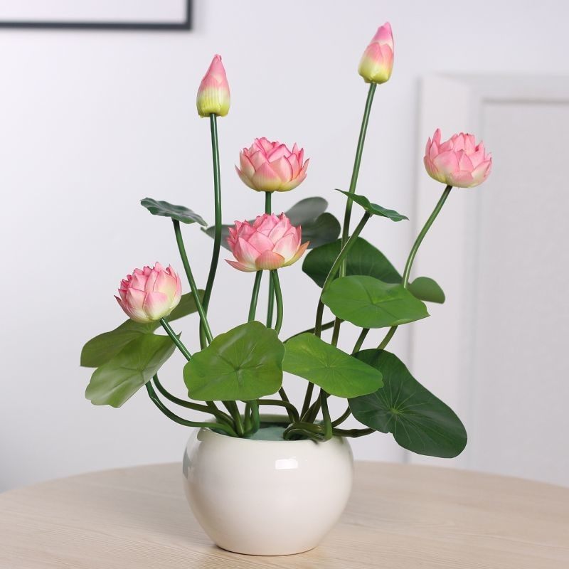 莲花荷花仿真花假花塑料花中式陶瓷摆件电视柜隔断吧台装饰品摆设