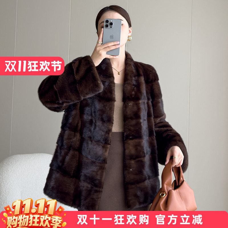 水貂皮大衣整貂皮草外套女貂毛海宁2026新款本色横排时尚V领貂皮