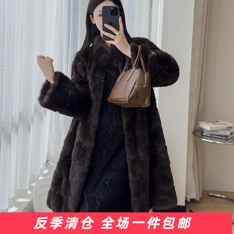 俄罗斯进口紫貂皮草大衣女长款立领横排外套贵妇貂毛上衣海宁裘皮