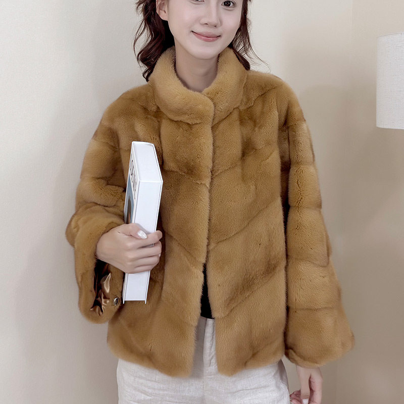 进口水貂皮大衣小母貂女立领斜排时尚百搭冬季新款外套鎏金1011