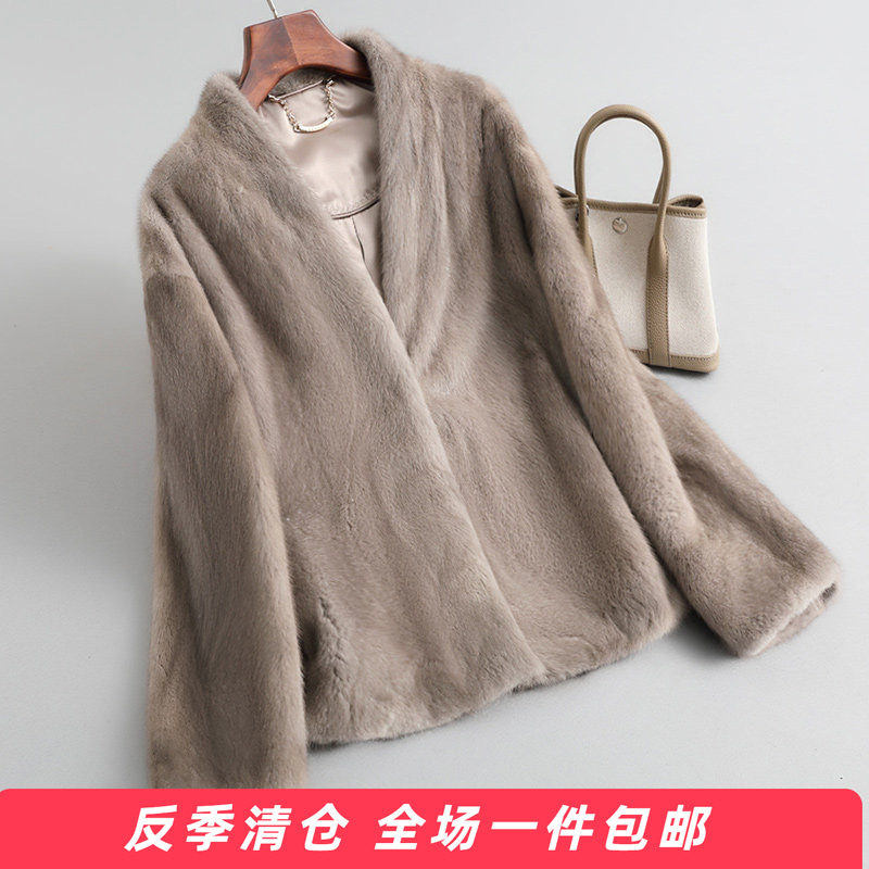 水貂皮大衣女短款V领2025冬季新款海宁整貂毛皮草外套皮毛一体