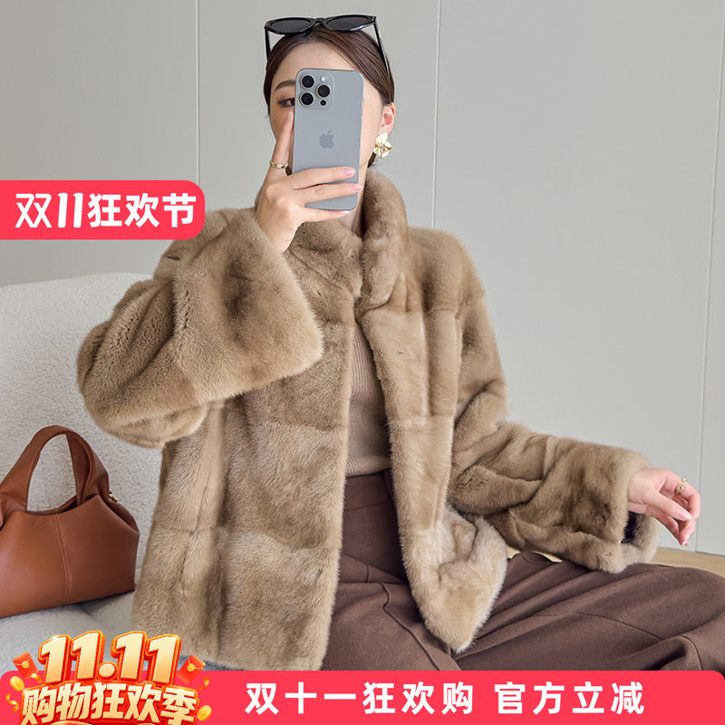 水貂皮大衣女短款立领长袖2026冬新款海宁进口整貂毛皮草横排外套