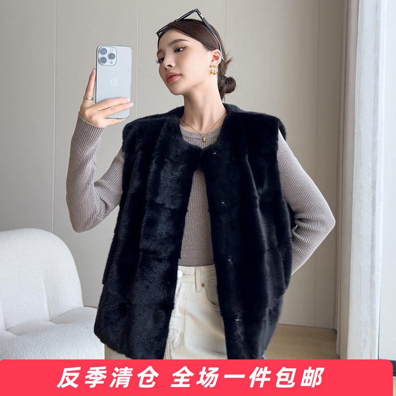 水貂皮大衣整貂皮草外套女貂毛2025新款横排马甲时尚圆领短款TT