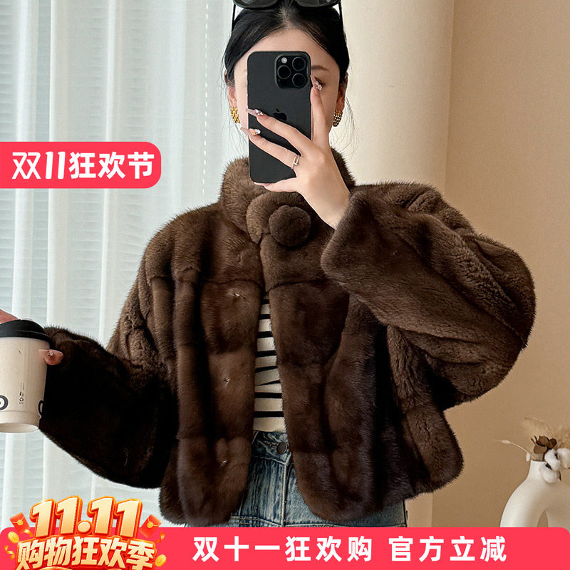 水貂皮大衣女短款立领毛球款2026冬季新款海宁横排整貂毛皮草外套