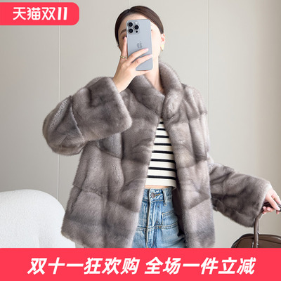 水貂皮大衣整貂皮草外套女貂毛海宁2025新款立领横排短款时尚款