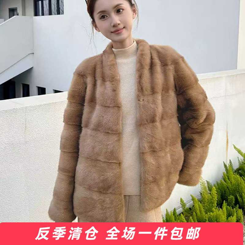 水貂皮大衣女进口整貂皮草外套短款母貂毛V领时尚横排2025新款