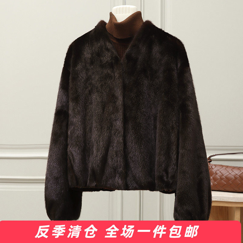 水貂皮大衣女小V领时尚进口整貂皮草外套短款海宁2025冬新马哈根