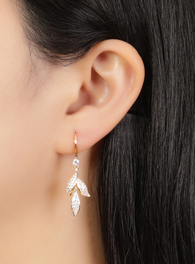 巴黎Pink Memory满钻希望叶子耳钉高级感轻奢女爆闪古风配饰耳环