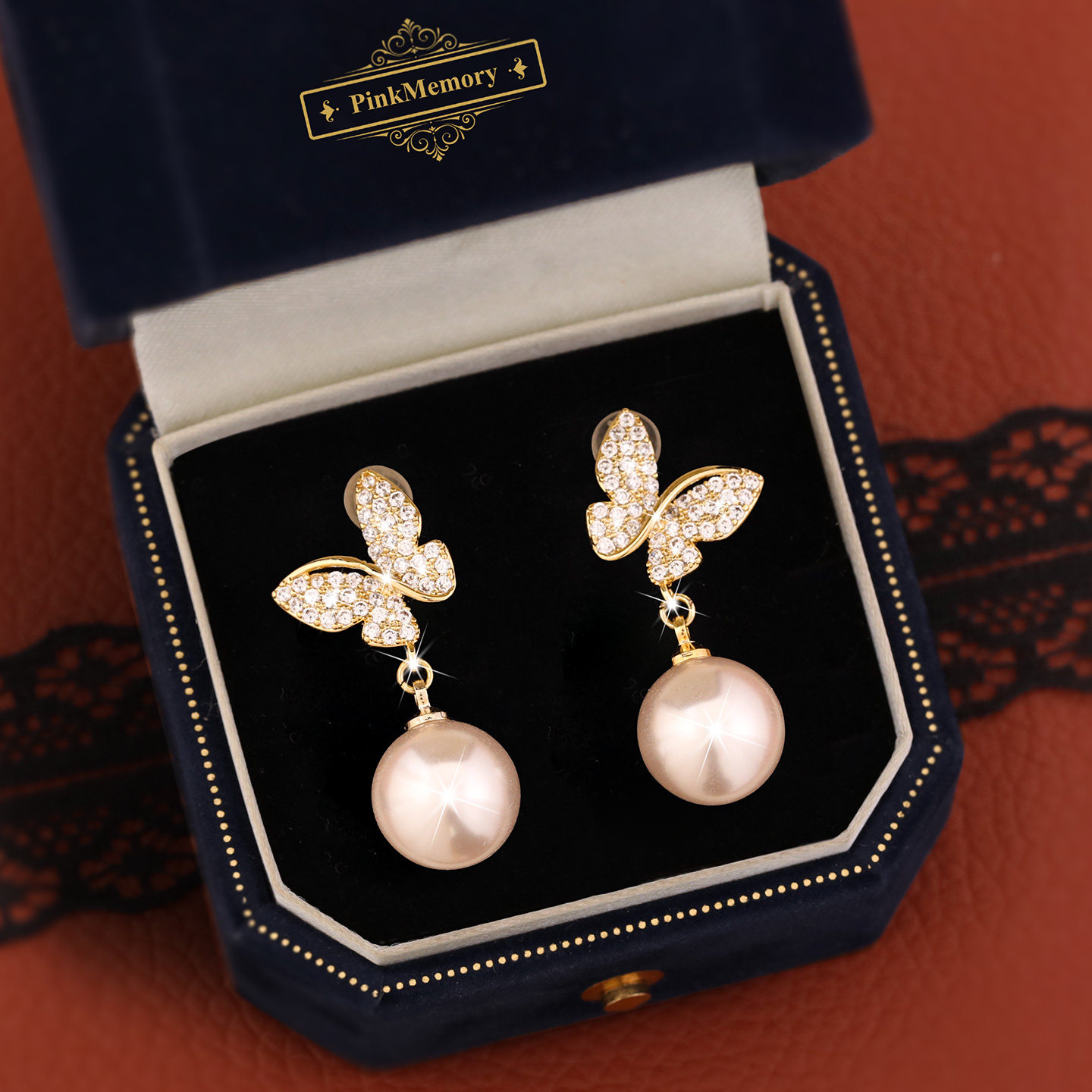 巴黎Pink Memory满钻蝴蝶飞舞珍珠耳钉高级感轻奢女 爆闪领针耳环