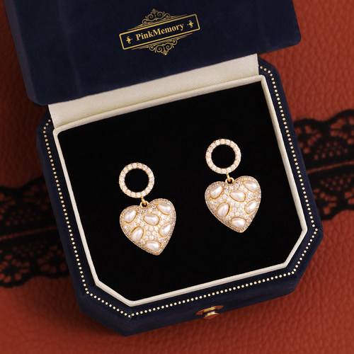 巴黎Pink Memory设计师满钻圆满爱心珍珠耳钉轻奢女古风配饰耳环
