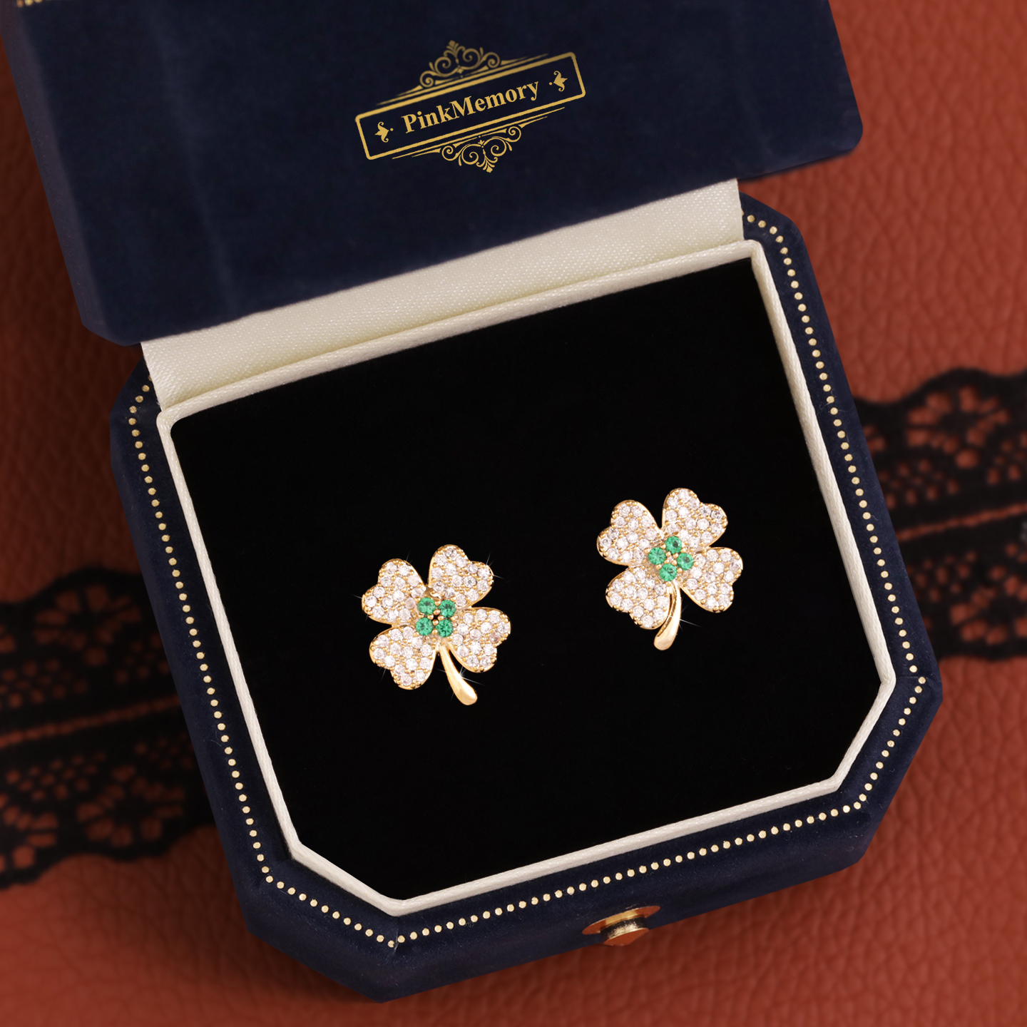 巴黎Pink Memory设计师法式满钻四叶草绿宝石轻奢耳钉女爆款耳环