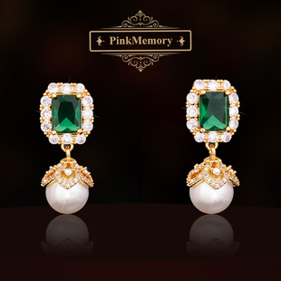 巴黎Pink 领针耳环 Memory满钻几何绿宝石珍珠耳钉高级感轻奢女款