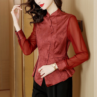 国风小个子缎面女士衬衫春夏装设计感不规则上衣气质显瘦长袖衬衣