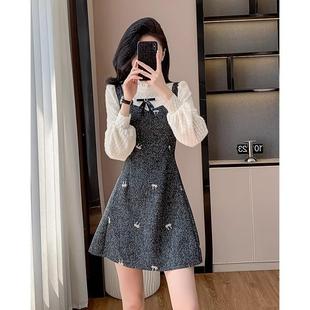 赫小本香风连衣裙女春秋季2025新款小个子假两件套装收腰内搭裙子