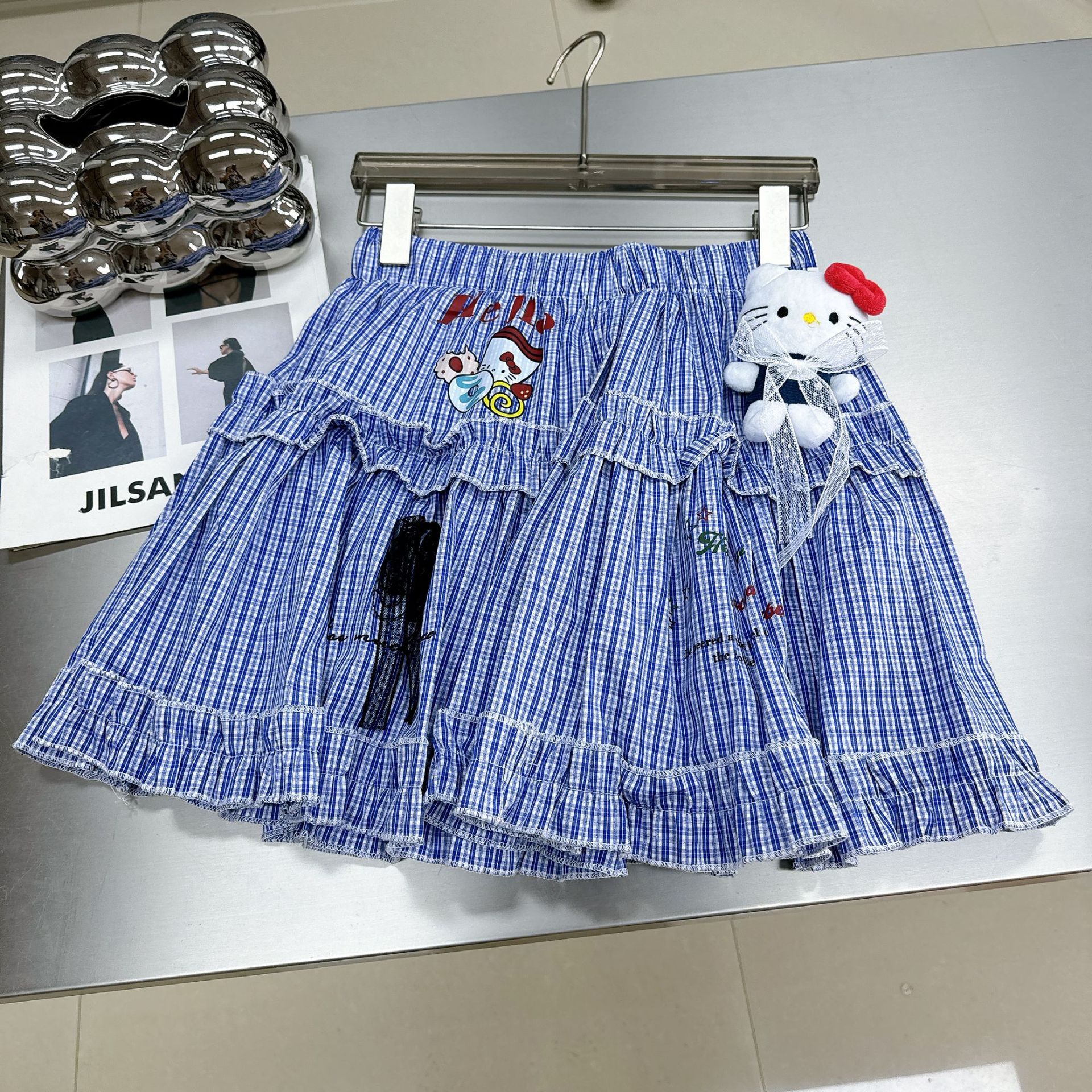 格子小短裙蓝白格子高腰a字半身短裙女2025新款夏季花苞蛋糕裙子
