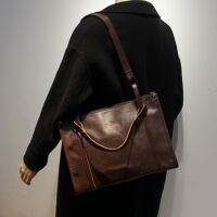 ThreeBox men's leather single-shoulder bag with Japanese and Korean style, casual large-capacity tote bag, brown horizontal square bag for women thumbnail 4