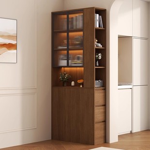 沙发夹缝收纳柜转角书柜窄柜玻璃带柜门靠墙抽拉储物柜奶油风立柜