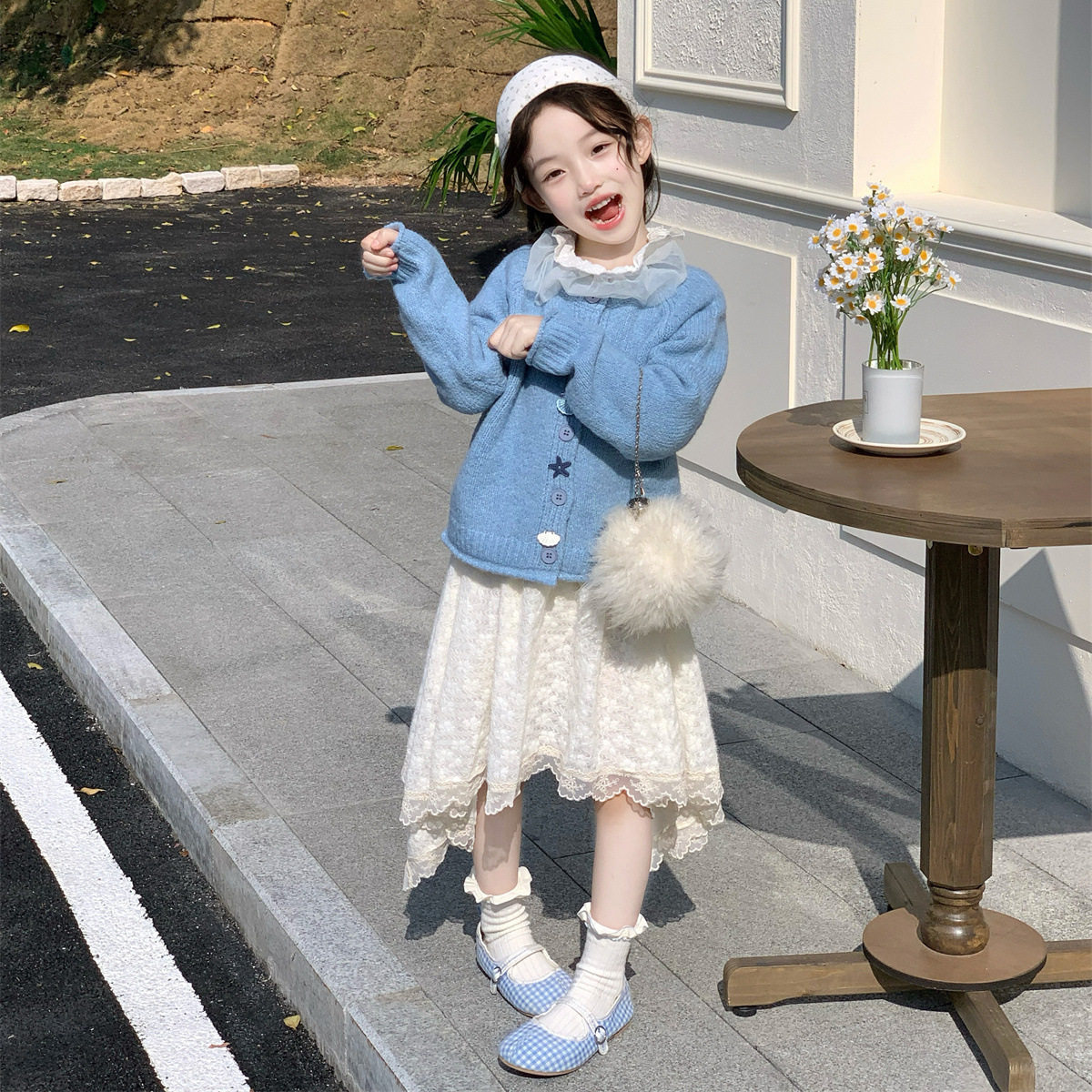 2026春季新款女童洋气公主毛线开衫+花边打底衫+蕾丝半身裙两件套