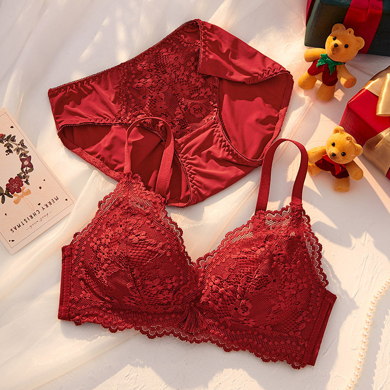 红色内衣套装本命年女小胸聚拢无钢圈结婚新娘虎年文胸罩2021爆款