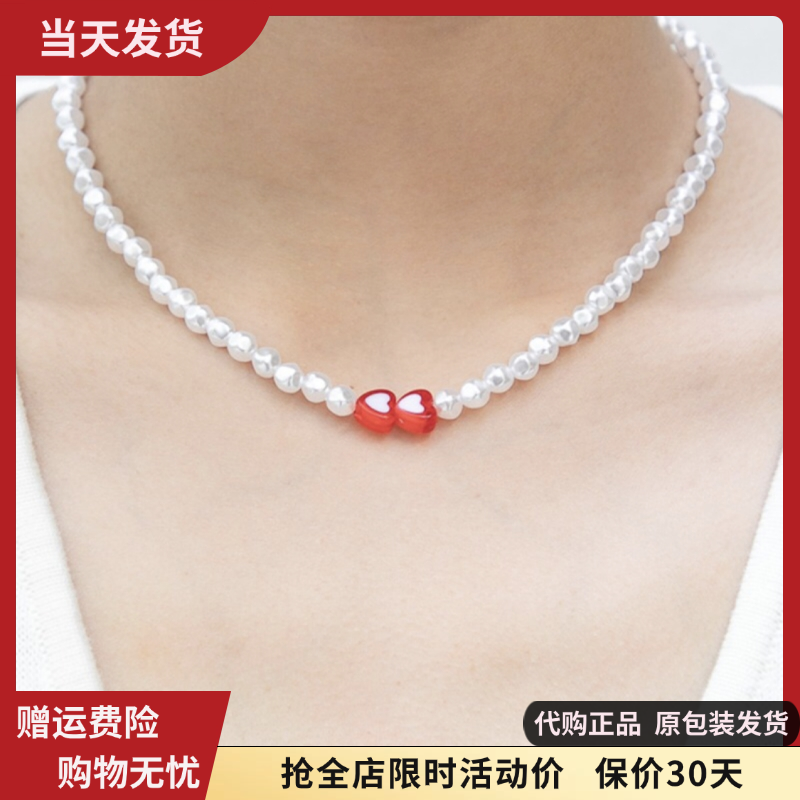 bm项链女夏新款人造珍珠双爱心锁骨链项圈颈链百搭brandymelville
