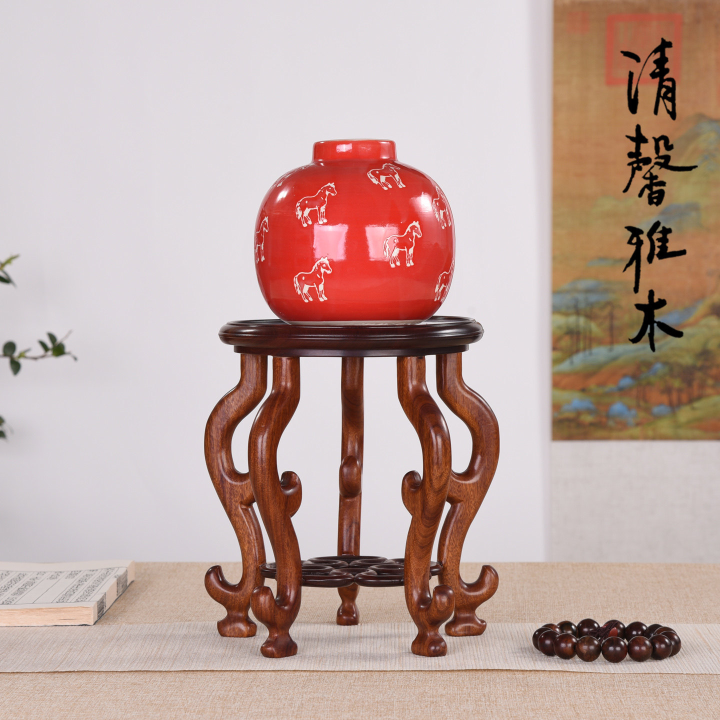 中式古典圆形微型花几兰花盆景花瓶金器铜器玉石摆件底座木托架子