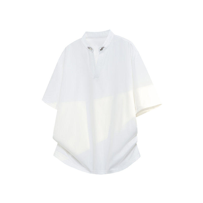 美式纯色休闲风V领冰感牛仔短袖亲肤透气polo衫大码宽松速干T恤