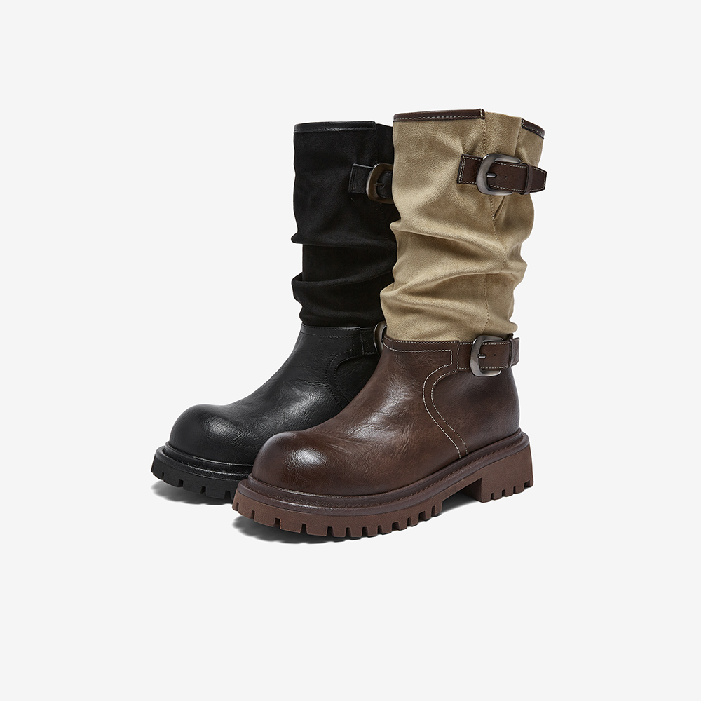 百思图2025冬季新款厚底堆堆靴西部靴短筒骑士靴女中筒靴BP996DZ5