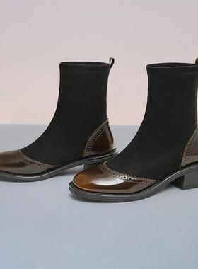 Bata布洛克袜靴女2024冬新款通勤粗跟百搭时尚短筒瘦瘦靴49056DD4