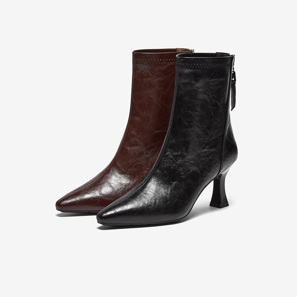 百思图2025冬季新款法式气质通勤细高跟鞋尖头女黑色短靴F5303DZ5