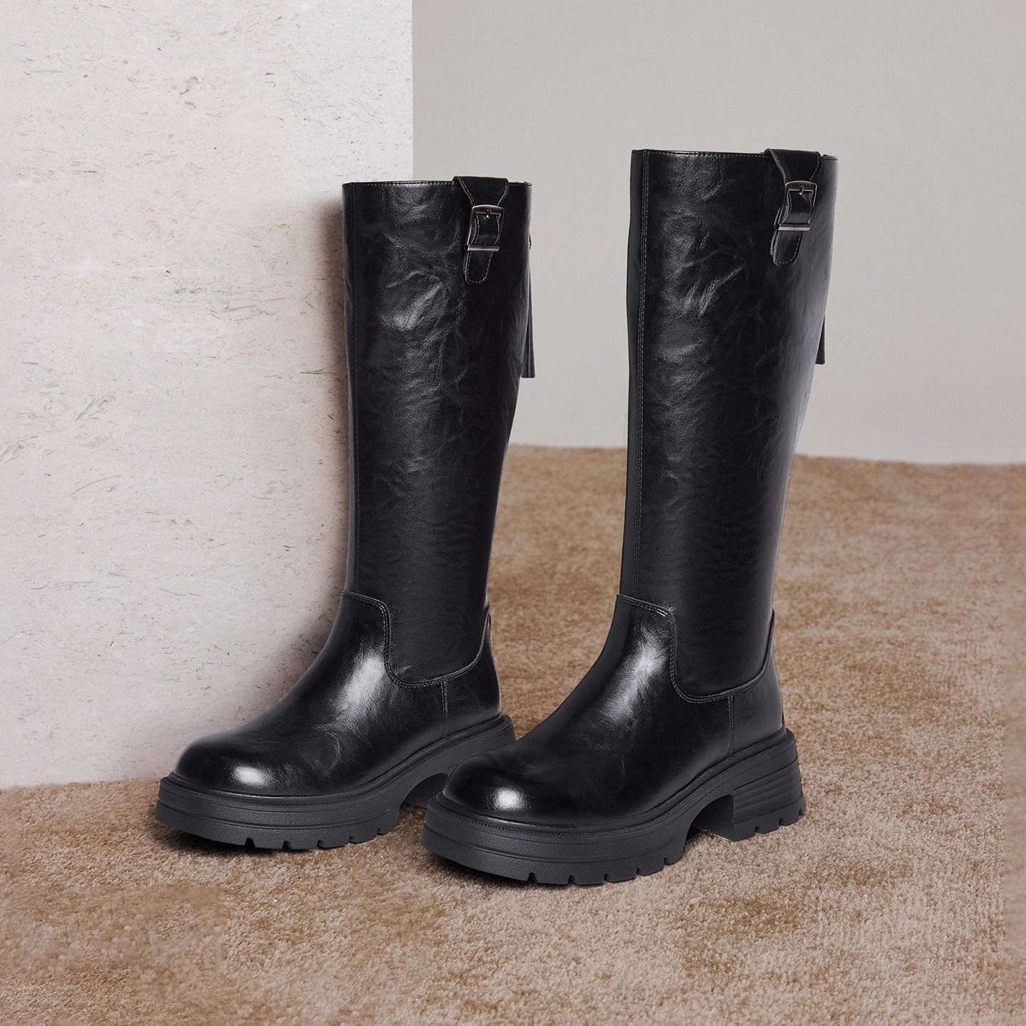 百思图骑士靴粗腿显瘦大筒围粗跟女高筒长靴冬季新款F2271DG5
