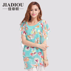 佳帝欧2015大码女装 胖MM夏季时尚印花连衣裙假两件短袖雪纺衫