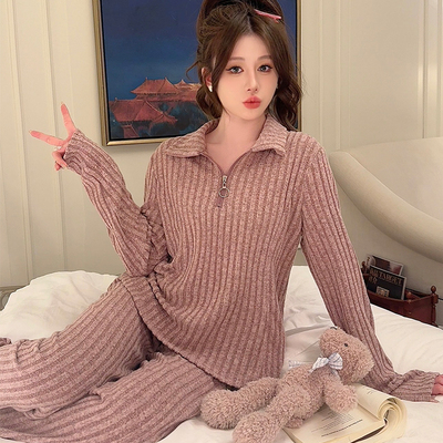 半拉链显瘦睡衣女款秋冬季新纯欲