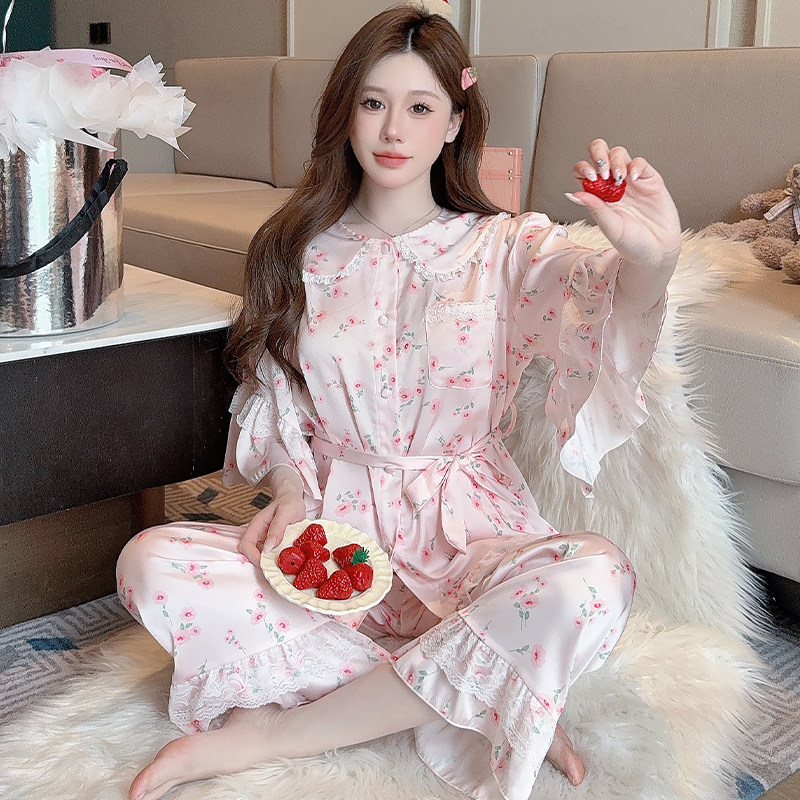 冰丝睡衣女春秋季新款蕾丝宽松休闲喇叭袖套装甜美长袖长裤家居服,女士内衣/男士内衣/家居服,睡衣/家居服套装,淘宝优惠券,粉丝福利购,淘宝优惠卷