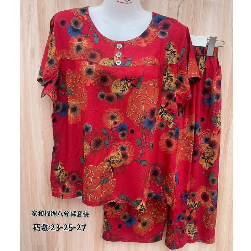 妈妈棉绸睡衣女士可外穿奶奶上衣夏季短袖中老年八分裤家居服套装