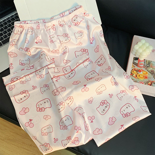 夏季睡裤女冰雪丝长裤卡通KT猫中腰薄款家居裤外穿遛弯直筒凉感裤