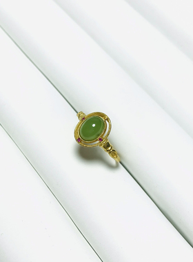 天然正品碧玉蛋面戒指面古法金色镶嵌戒指戒面8×5.6mm