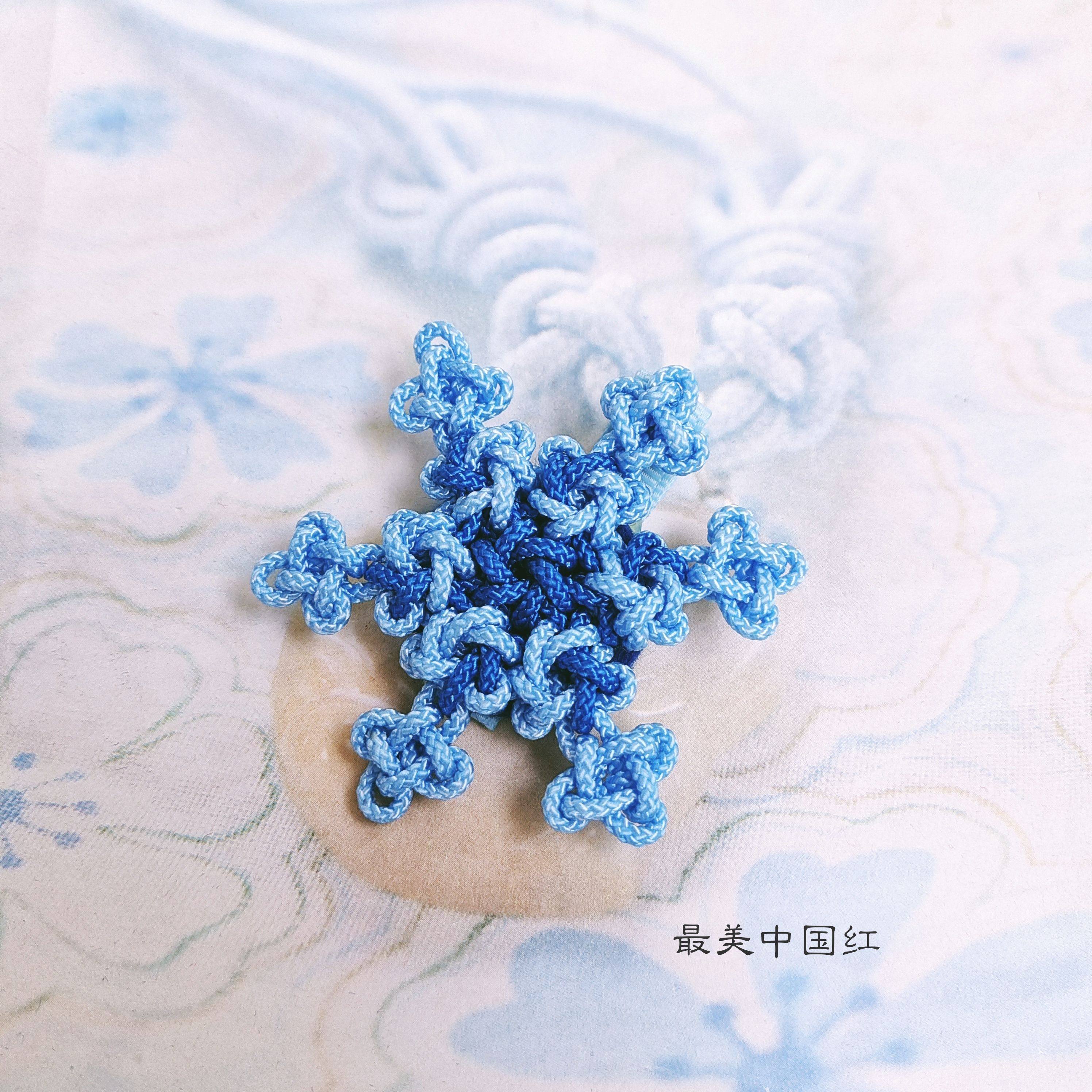 传统手工绳编中国结雪花发夹 特色民族风清凉蓝色儿童边夹头饰