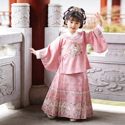 明制汉服中式重工金丝刺绣古风【萌兔贺春】新款儿童女童粉色