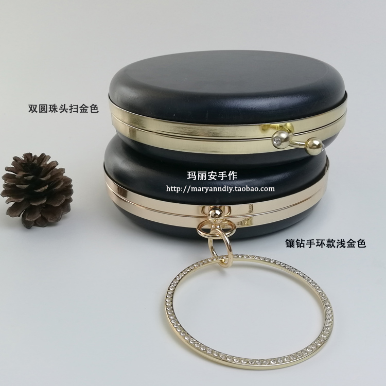 18cm圆形扁盒口金浅金色镶钻手环扫金色双圆珠头带钻