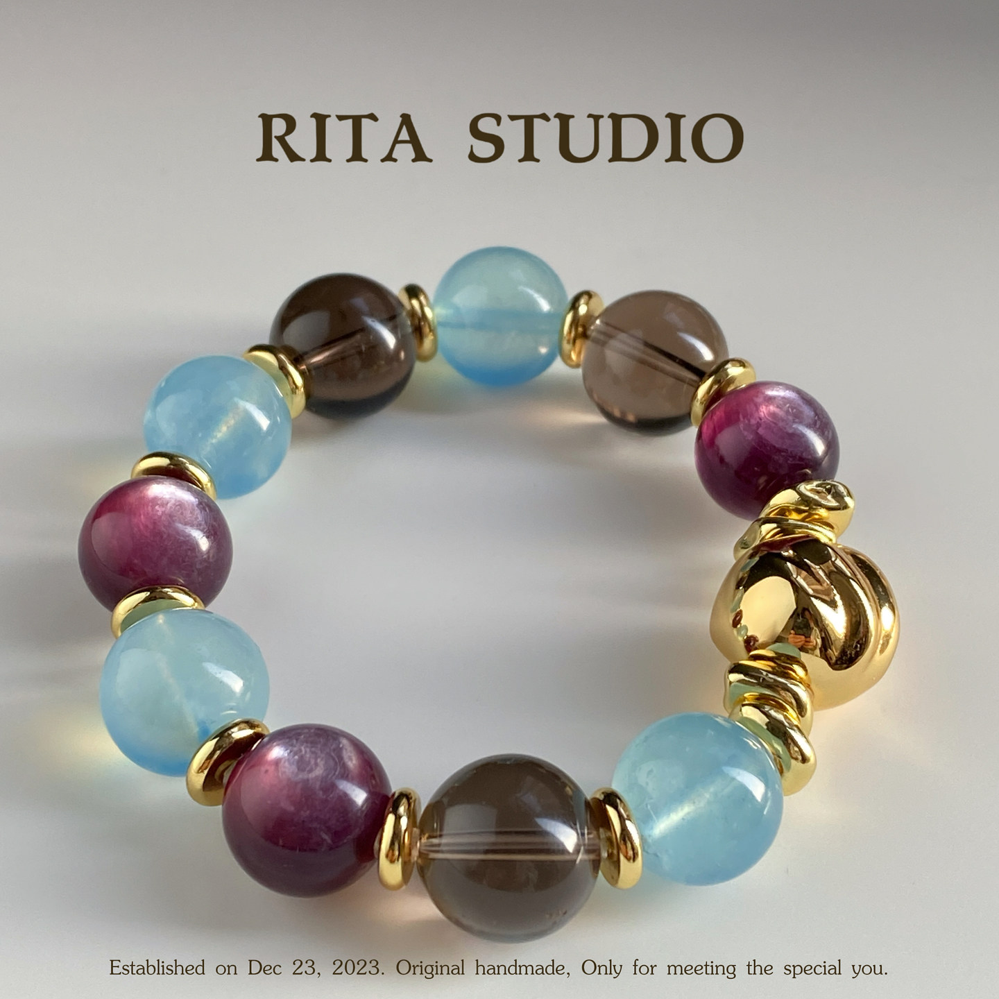 天然双猫眼紫锂云母手链海蓝宝水晶手串茶晶礼物小众轻奢饰品女