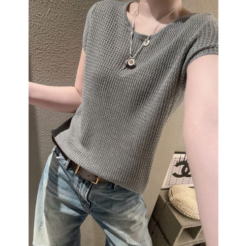 肌理感提花短袖女冰丝针织衫休闲