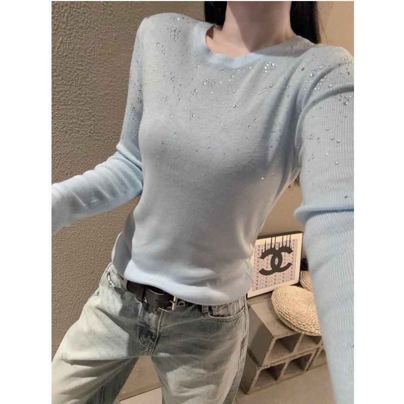 欧洲站圆领烫钻针织衫长袖女设计感弹力紧身内搭毛衣打底衫上衣春