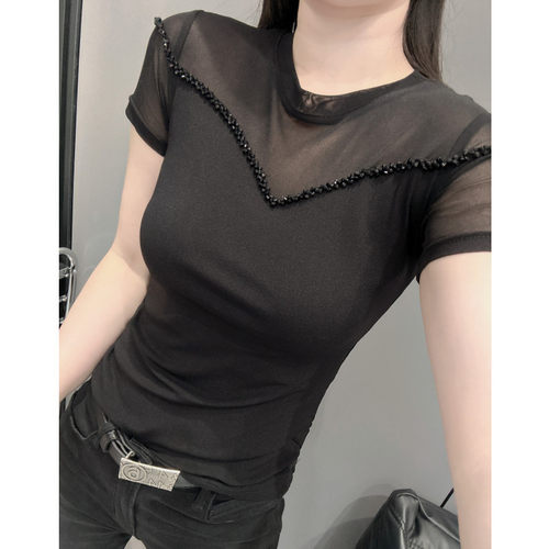 网纱拼接短袖T恤女气质时尚钉珠
