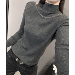 秋冬款半高领针织衫长袖女欧洲站气质修身内搭毛衣打底衫镂空上衣
