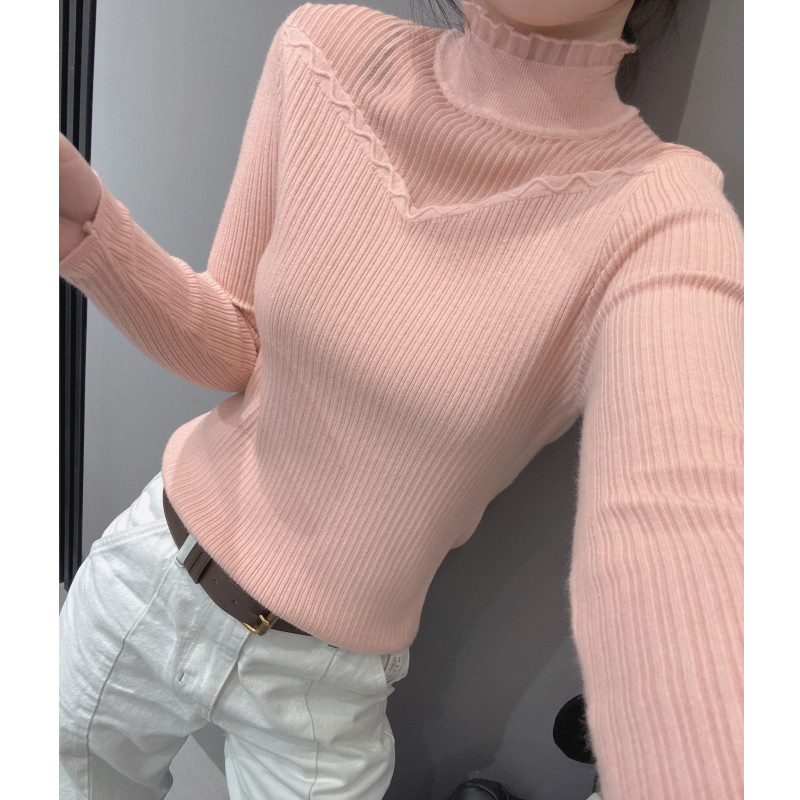 蕾丝镂空针织衫长袖女秋冬款气质修身半高领毛衣打底衫木耳边上衣