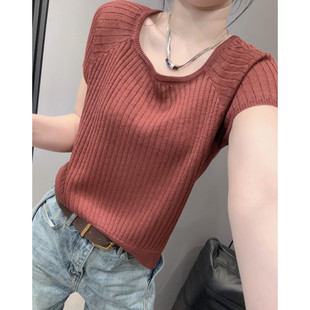 露锁骨方领短袖 显瘦U领上衣夏欧货 女冰丝针织衫 简约百搭休闲修身