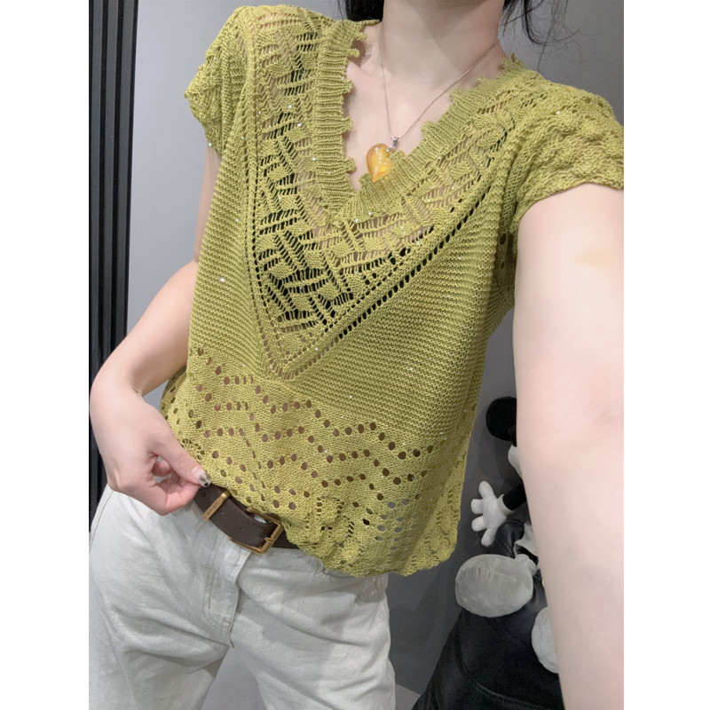 镂空破洞冰丝针织衫短袖女气质显瘦宽松薄款叠穿罩衫V领上衣夏季