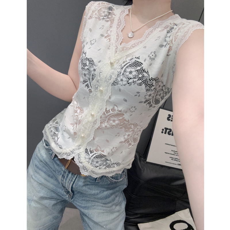 花边蕾丝V领无袖T恤女时髦气质图片