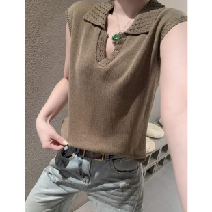 破洞翻领短袖女冰丝针织衫休闲洋气百搭宽松小飞袖深V领上衣夏季v